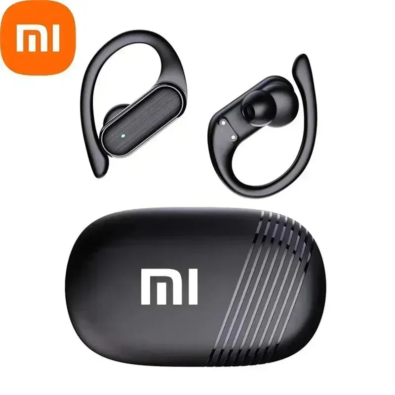 Black wireless earbuds with ear hooks and a charging case.