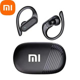Black wireless earbuds with ear hooks and a charging case.