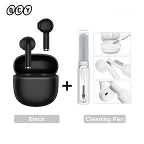 Black wireless earbuds with cleaning kit.