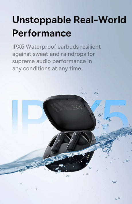 Black wireless earbuds in an open charging case with water splashing around them.