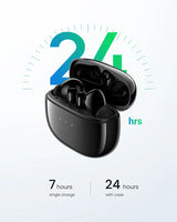Black wireless earbuds in an open charging case.