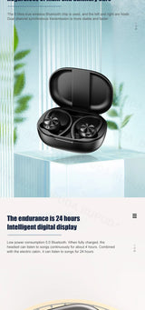 Black wireless earbuds in an open charging case.