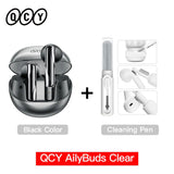 Black wireless earbuds with cleaning pen.