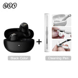 Black wireless earbuds with cleaning pen.