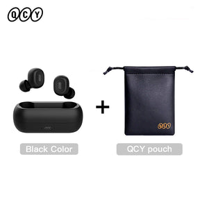 Black wireless earbuds and pouch.
