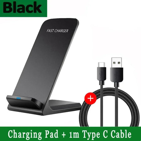 Black wireless fast charging stand with ’FAST CHARGER’ text visible on its surface.