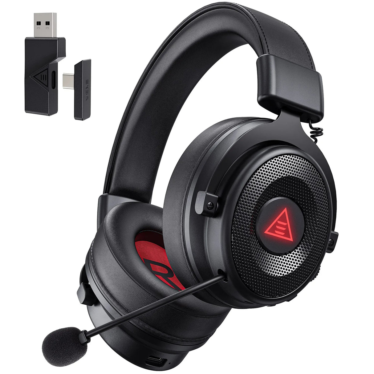 Black wireless gaming headset with a detachable microphone and red accents.