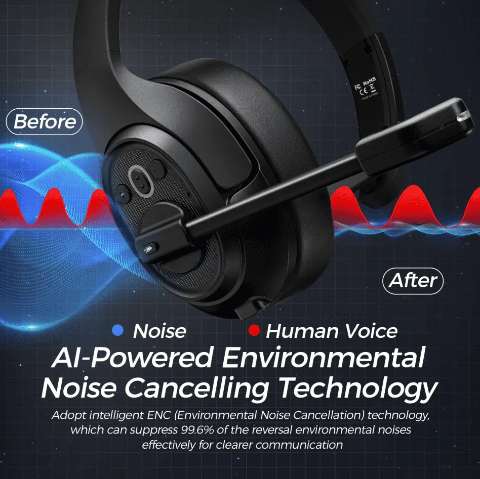 Black wireless headset with microphone and noise-cancelling technology.