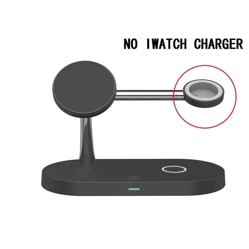 a black wireless phone stand with a circular base