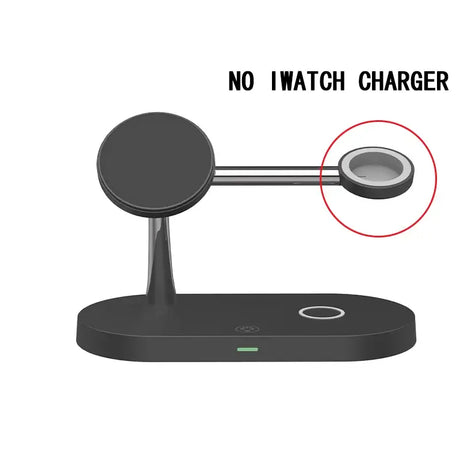 A black wireless phone stand with a circular base