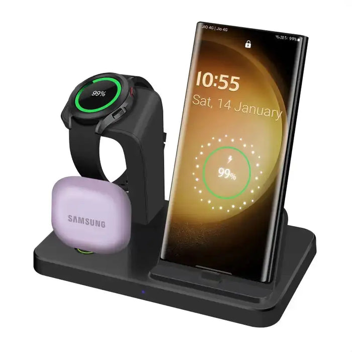 Black wireless charging station with three slots for phone, smartwatch and earbuds