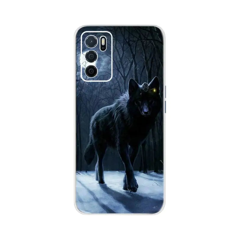 a black wolf in the woods with a full moon in the background