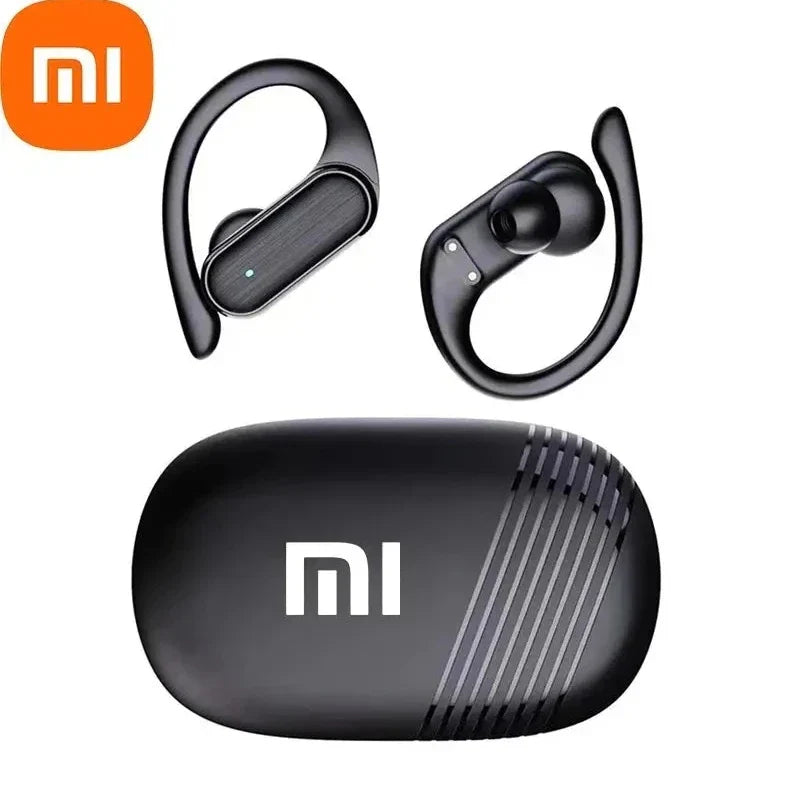 Black Xiaomi wireless earbuds with ear hooks and charging case.