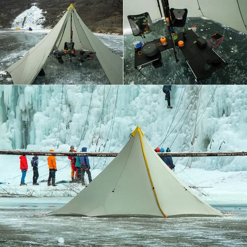 a group of people standing around a tent