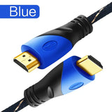 a close up of a blue and black cable with a gold plated connector