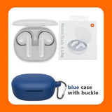 a blue airpods with a white case and a white earphone