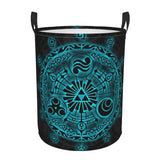 a black and blue bucket with a pattern on it