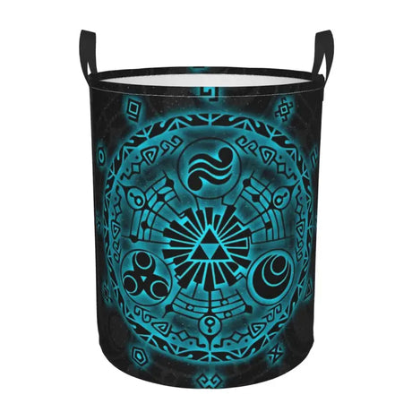 a black and blue bucket with a pattern on it