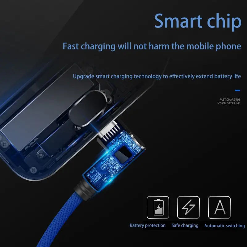 a blue and black charging cable connected to an iphone