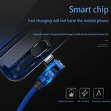 a blue and black charging cable connected to an iphone