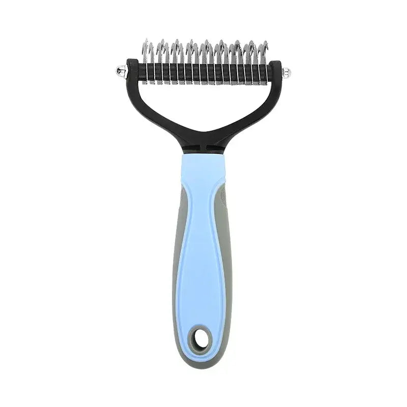 a blue and black comb with a black handle