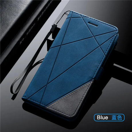 Blue and black leather phone case with geometric stitching pattern.