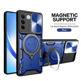 Blue and black protective phone case with magnetic support and a built-in ring holder.