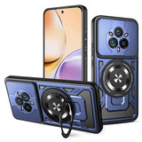 A blue and black protective phone case with a built-in kickstand and camera lens cover.