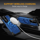 A blue and black rugged phone case with a built-in magnetic ring for wireless charging and a camera cover.