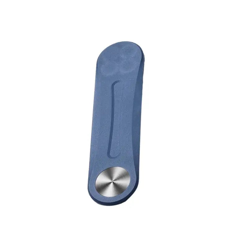 a blue plastic bottle opener with a metal handle