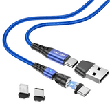 Blue braided USB charging cable with magnetic interchangeable connectors.