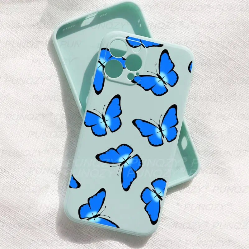 a blue butterfly phone case on a white background