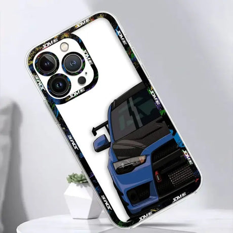 A blue car with a camera on it’s back