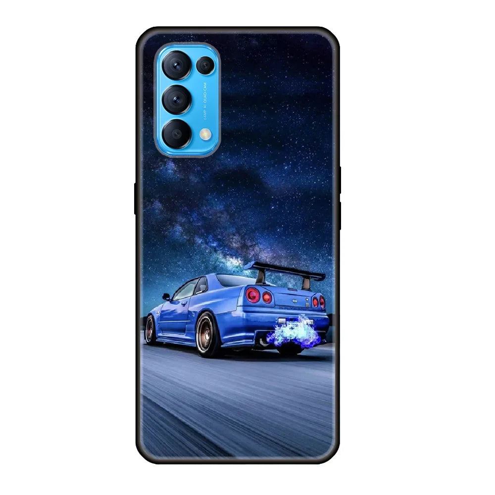 a blue car with a galaxy background on a black phone case