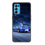 a blue car with a galaxy background on a black phone case