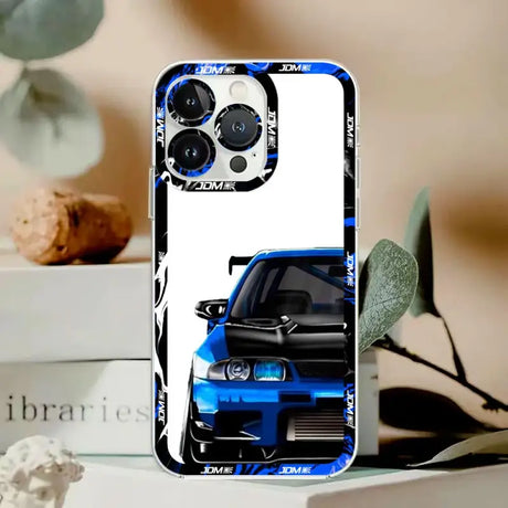 A blue car phone case with a white background