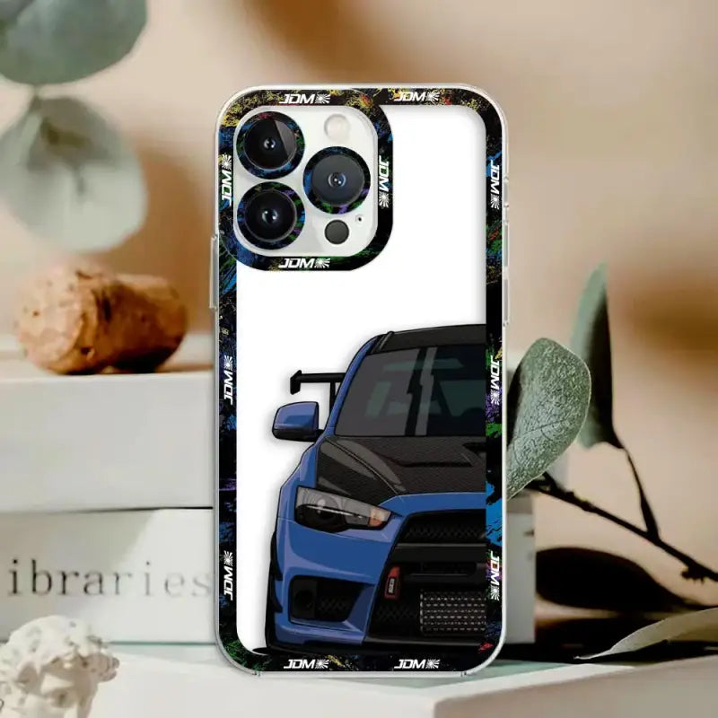 a blue car with a white background on a white phone case