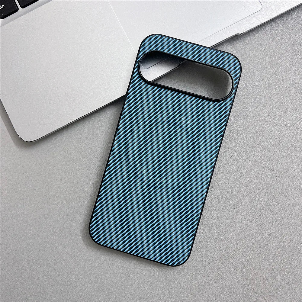 Blue carbon fiber patterned phone case with a camera cutout.
