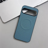 Blue carbon fiber patterned phone case with a camera cutout.