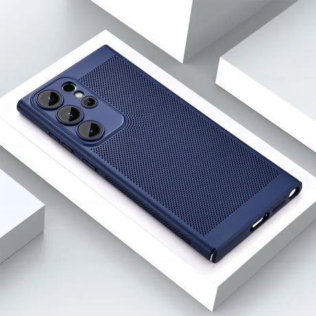 the back of a blue case with a black phone