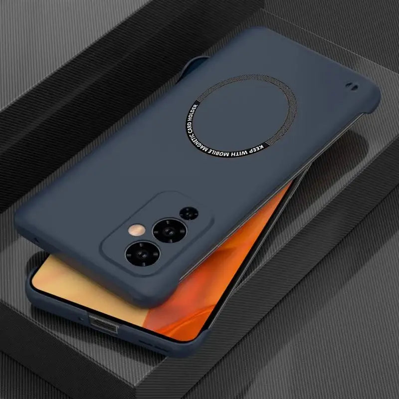 the back of a blue case with a black phone