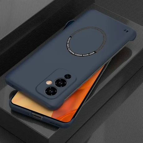 the back of a blue case with a black phone