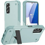 The back of a blue case with a black stand