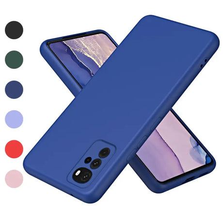 the back of a blue iphone case with a phone in the background