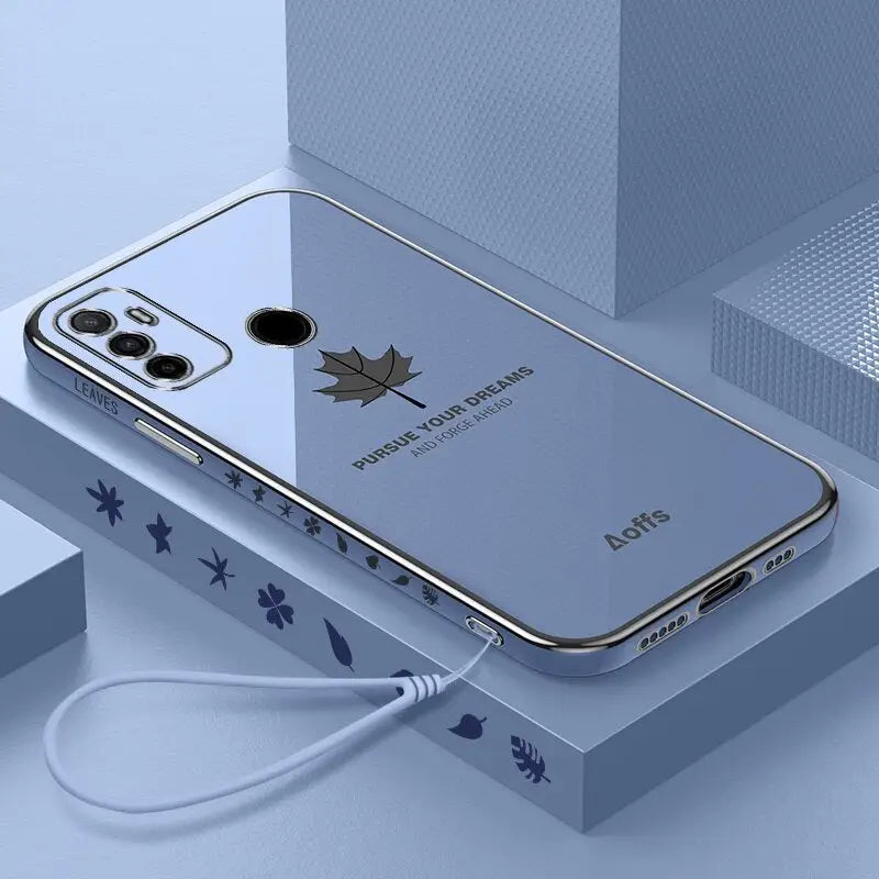 the back of a blue iphone case with a white cable