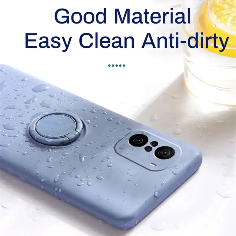 a blue case with water droplets on it