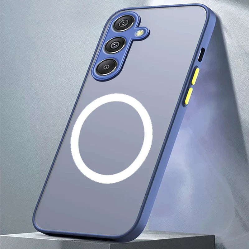 the back of a blue case with a white circle on it