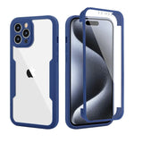 Blue and clear protective case for an iPhone, featuring a transparent back and camera cutout.