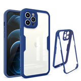 Blue and clear protective case for an iPhone with a triple-lens camera cutout.