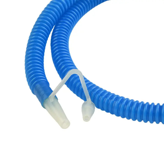 a blue coiled hose with a white plastic handle